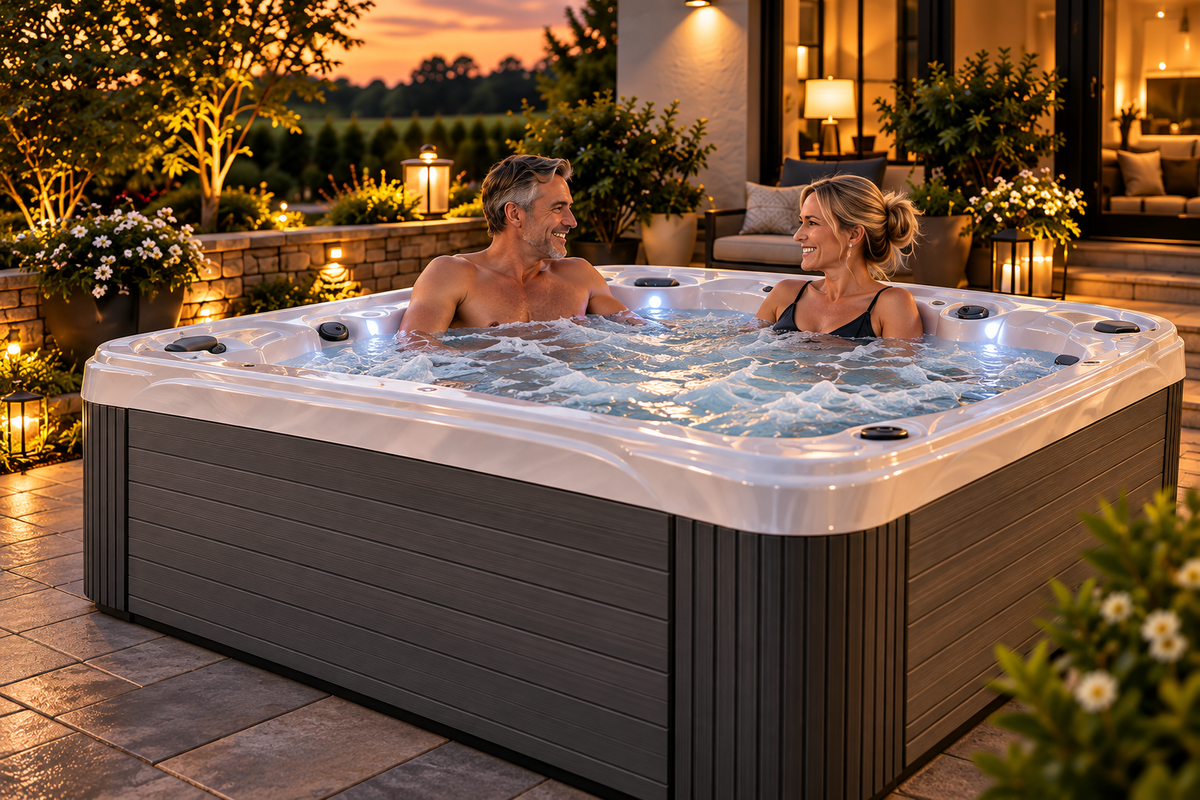 A couple enjoying an evening hot tub retreat
