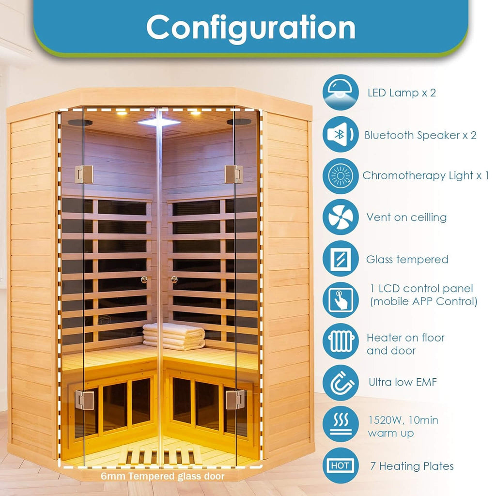 Thermora Premium 2-Person Corner Space Infrared Wooden Sauna Room With Bluetooth Speakers, 1600W (SAK81524)